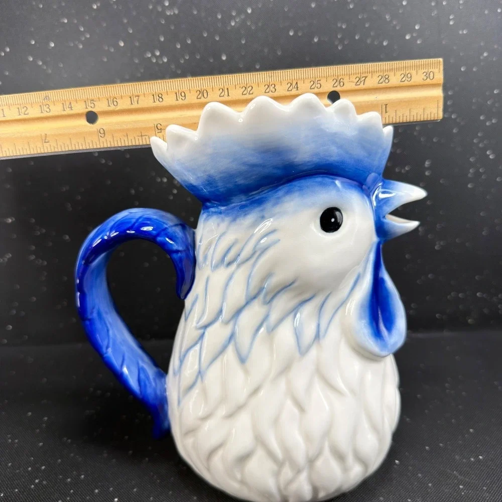Cosmos Blue and White Ceramic Rooster Pitcher Jug Farmhouse Decor 7.5 Inch
